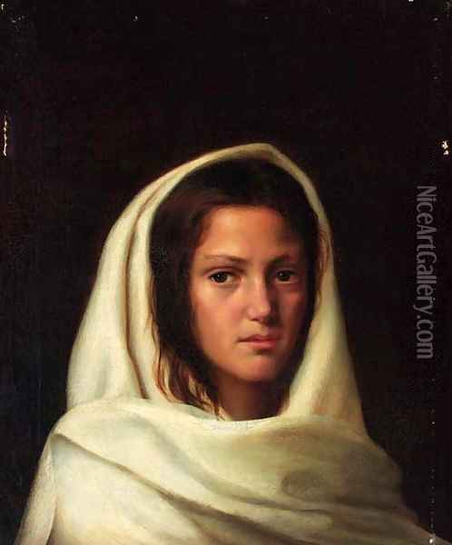 Portrait of a Maiden in a white Shawl Oil Painting - Vasili Maksimovich Maksimov