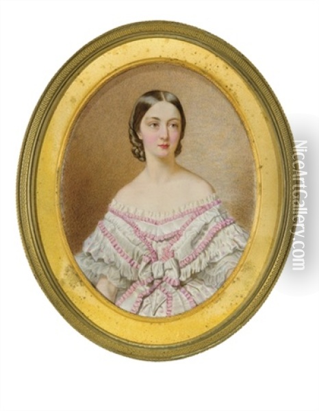 Portrait De Francoise, Duchesse De Chartres En Robe Et Chale Blancs Avec Ruches Roses Oil Painting - Guglielmo Faija