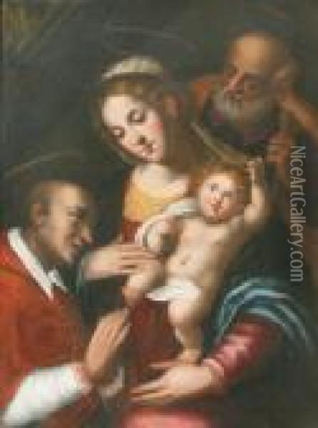 The Holy Family Adored By A Kneeling Cardinal Oil Painting - Giulio Cesare Procaccini