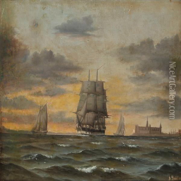 Coastal Scene With A Schooner Off The Coast Of Kronborg Castle Oil Painting - Jorgan Dahl