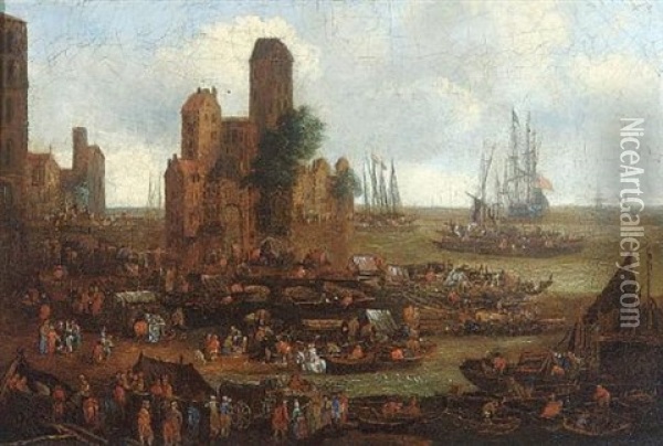 A Busy Harbour With Fishermen And Merchants Oil Painting - Pieter Casteels the Younger