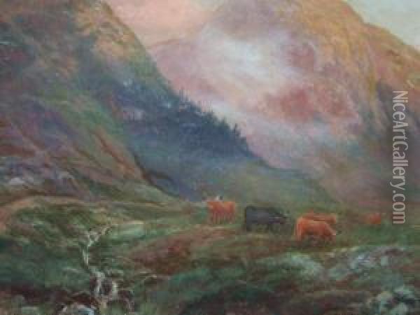 Cattle In A Highland Landscape Oil Painting - Alex Mortimer