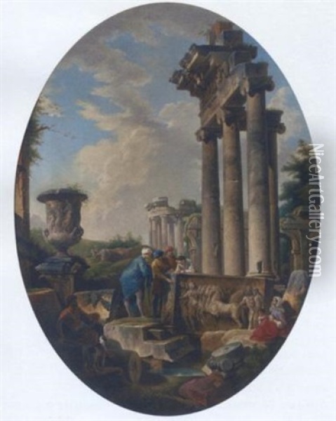 A Capriccio Of Classical Ruins With Figures Inspecting A Stone Relief Oil Painting - Giovanni Paolo Panini