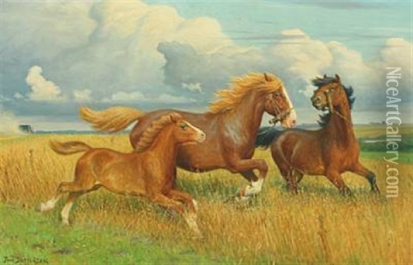 Horses In The Field Oil Painting - Poul Steffensen