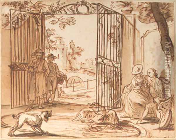A dog barking at a swan with cygnets, in a pond, figures by a park gate looking on Oil Painting - Dutch School