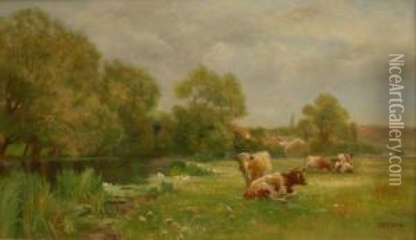 Cattle In Pastoral Landscape Oil Painting - John Atkinson