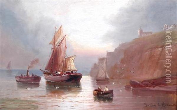 Fishing And Other Boats Beneath The Cliffs At Withy Oil Painting - Gustave de Breanski