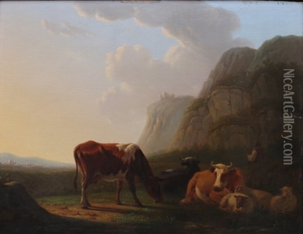 Koeien Bij Rotsformatie Oil Painting - Matthijs Quispel