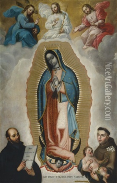 Presentacion De La Virgen De Guadalupe Con La Santisima Trinidad, San Ignacio De Loyola Y San Antonio Como Testigos Oil Painting - Miguel Cabrera