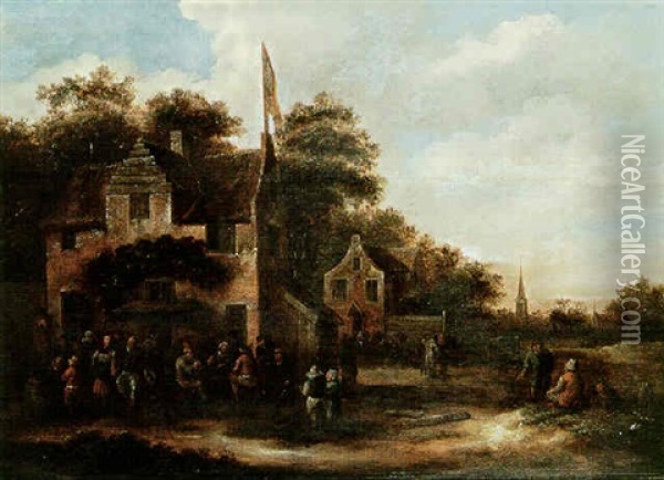 A Village Scene With Peasants Outside An Inn Oil Painting - Nicolaes Molenaer