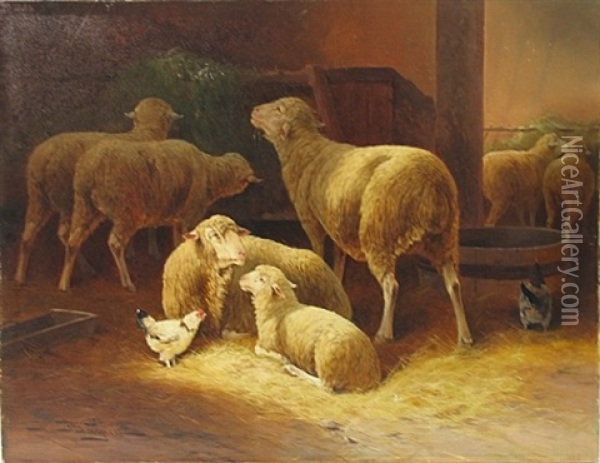 Sheep And Chickens In A Stable Oil Painting - Jules Bahieu