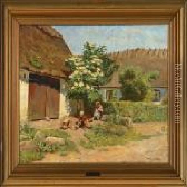 Two Children Playing In A Yard Oil Painting - Olaf Viggo Peter Langer