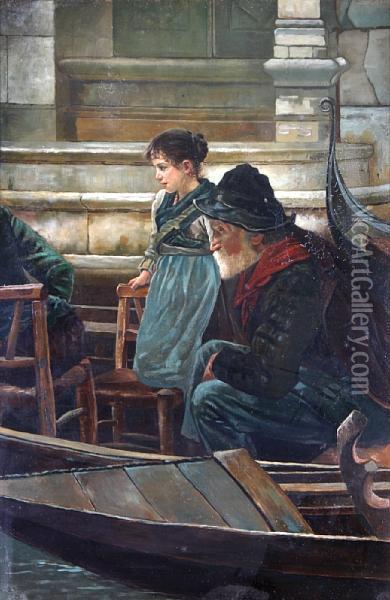 An Old Fisherman And Young Girl At A Watersedge By Gondolas, Venice Oil Painting - Henry Woods