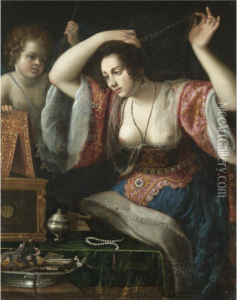 A Lady Before A Mirror, Possibly Venus At Her Toilet Oil Painting - Artemisia Gentileschi