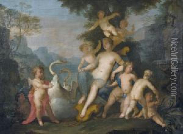 Venus Mit Schwanen Und Amoretten Oil Painting - Matheus Terwesten