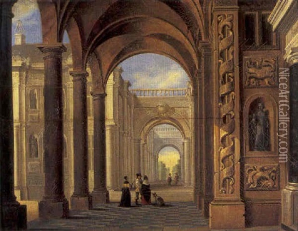 The Forecourt Of A Palace With Elegant Figures Conversing Oil Painting - Hieronymous (Den Danser) Janssens