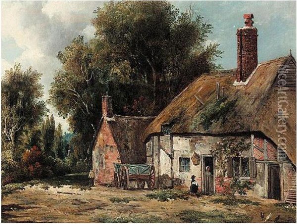 A Cottage With Figures In A Wooded Landscape Oil Painting - Frederick Waters Watts