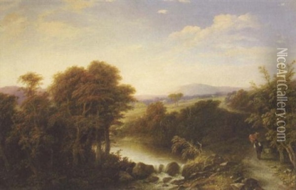 A River Landscape With A Drover Herding Sheep Oil Painting - Jeremiah Hodges Mulcahy