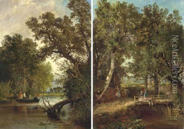 Boating; And Fishing: A Pair Of Works Oil Painting - Frederick Rondel Sr.