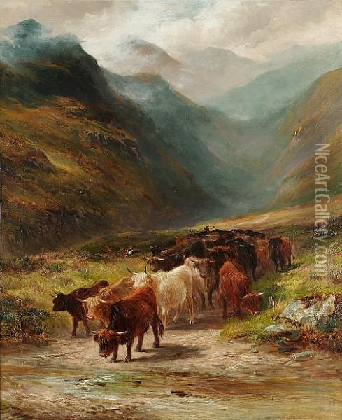 Highland Cattle In Glencoe Oil Painting - George Turner