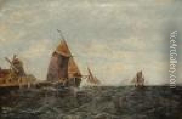 Fishing Boats Off A Jetty With A Windmill Oil Painting - Alfred Montague