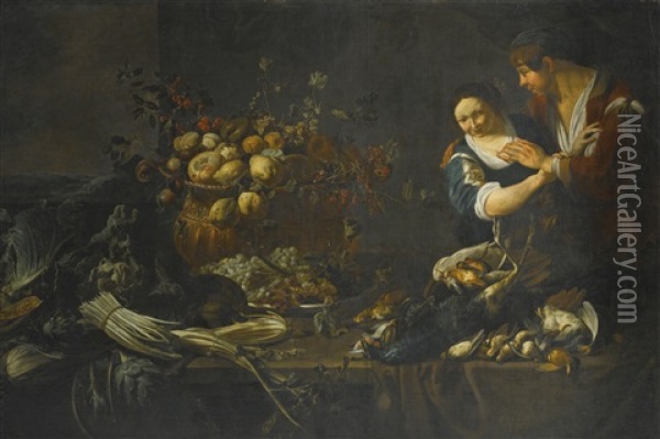 A Still Life Of Fruit, Vegetables And Game On A Table, With A Maid And Servant Cavorting Oil Painting - Adriaen van Utrecht
