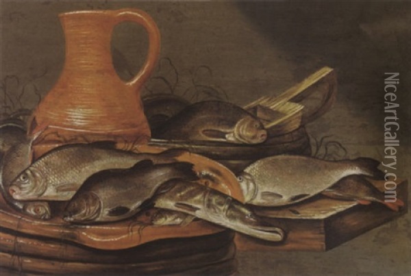 A Still Life With A Pike And Other Fish On A Strainer, With An Earthenware Jug, Fish And Other Utensils, All On A Wooden Ledge Oil Painting - Johannes Cuvenes