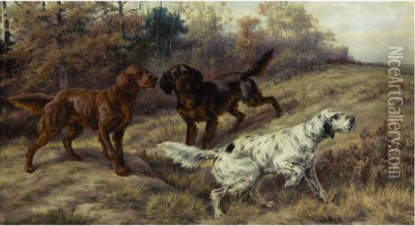 A Trio Of Setters On The Hunt Oil Painting - Edmund Henry Osthaus