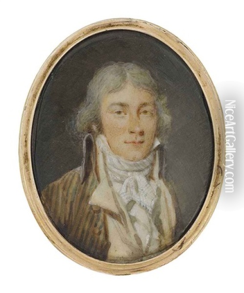 A Young Gentleman, In Striped Coat, Ochre Waistcoat And Tied White Cravat, Powdered Hair (+ 2 Others; 3 Works) Oil Painting - Jacques Antoine Marie Lemoine