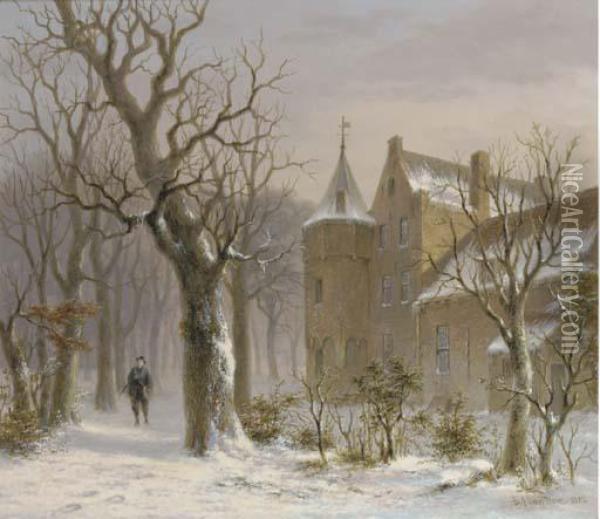 Sportsman In A Snowy Forest By A Castle Oil Painting - Bartholomeus J. Van Hove