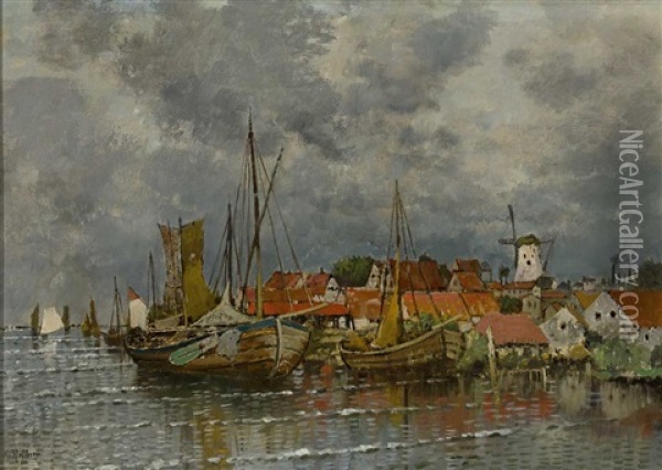 Hafenszene Mit Fischerbooten Und Malerischem Stadtchen Mit Windmuhle Oil Painting - Karl Heffner