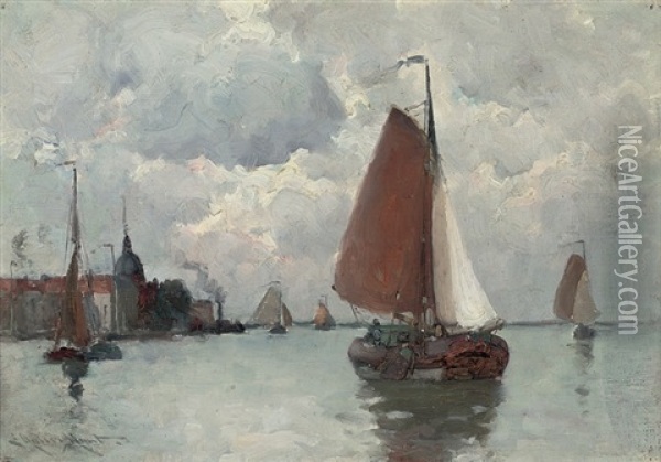 Dutch Barges In A Calm Oil Painting - Edmund Aubrey Hunt
