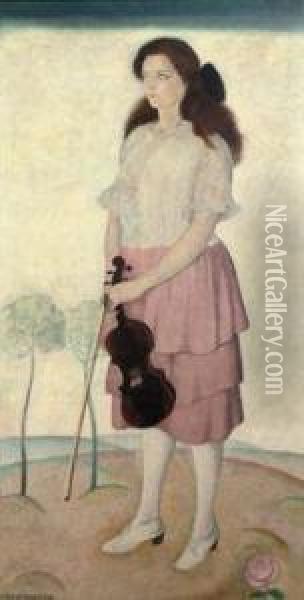 Adrienne De Zutter: Adrienne With A Violin Oil Painting - Gustave Van De Woestijne