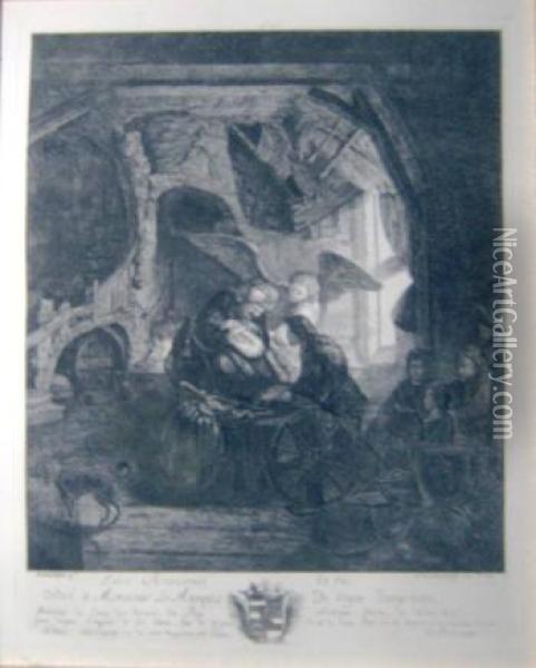 'tobias Recovers His Sight', 
Restrike Etching With Dedication Printed 1755, France, 29cm X 22cm, 
Framed Oil Painting - Rembrandt Van Rijn