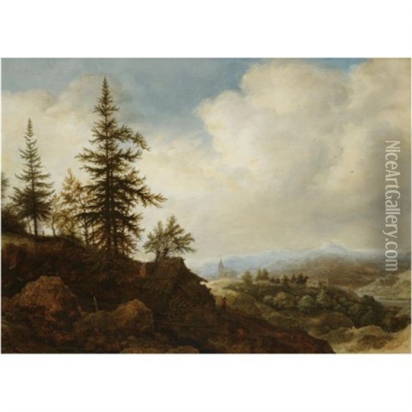A Mountainous Landscape With A Figure Passing A Timber Shed In The Foreground Oil Painting - Allaert van Everdingen