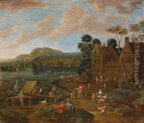 An Extensive River Landscape With Figures Dancing And Playing Music Before A Village (+ A River Landscape With Figures Departing In A Ferry And Others Dancing Before An Inn; Pair) Oil Painting - Karel Breydel
