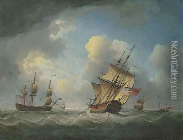 A Royal Naval squadron of the Red offshore in a heavy swell Oil Painting - Charles Brooking