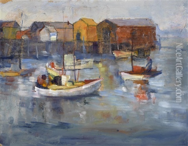 Boats At Harbor Oil Painting - August Gay