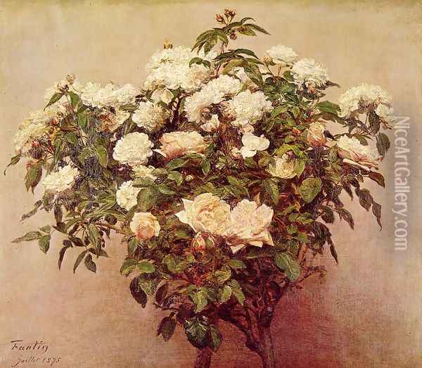 Rose Trees - White Roses Oil Painting - Ignace Henri Jean Fantin-Latour