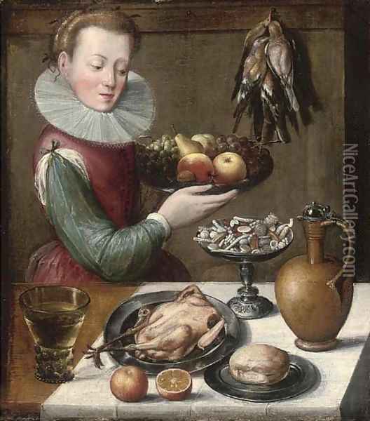 A young woman holding apples Oil Painting - Lucas Van Valkenborch