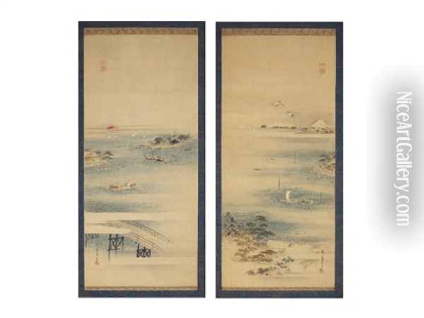 Tsukudajima Landscape (a Pair Of Scrolls) Oil Painting - Eishi Hosoda