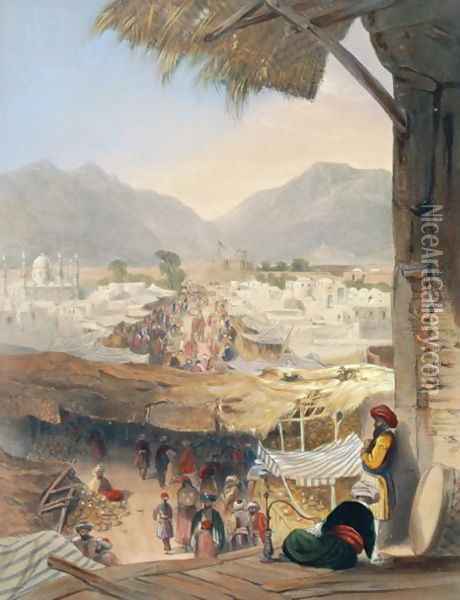 City of Kandahar, its Principal Bazaar and Citadel, Taken from the Nakarra Khauneh, or Royal Band Room, plate 28 from Scenery, Inhabitants and Costumes of Afghanistan, engraved by Robert Carrick c.1829-1904 1848 Oil Painting - James Rattray