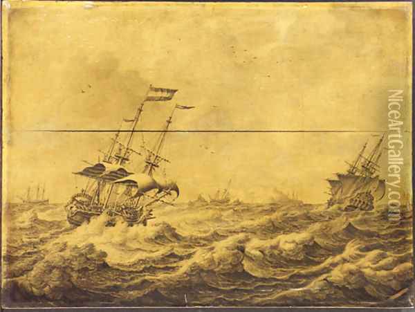 Dutch Galley Frigates and others shipping in choppy seas - a penschilderij Oil Painting - Adriaen or Abraham Salm