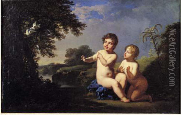 Deux Jeunes Enfants Regardant Un Couple De Colombes Oil Painting - Jacques Antoine Vallin