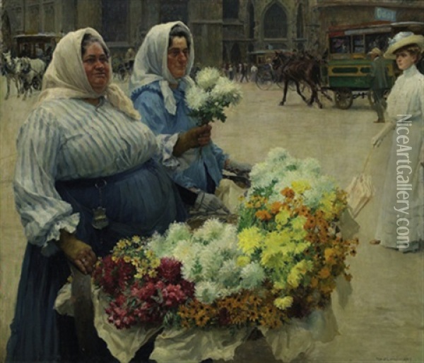 Blumenfrauen Vor St. Stephan, Wien Oil Painting - Hans Larwin