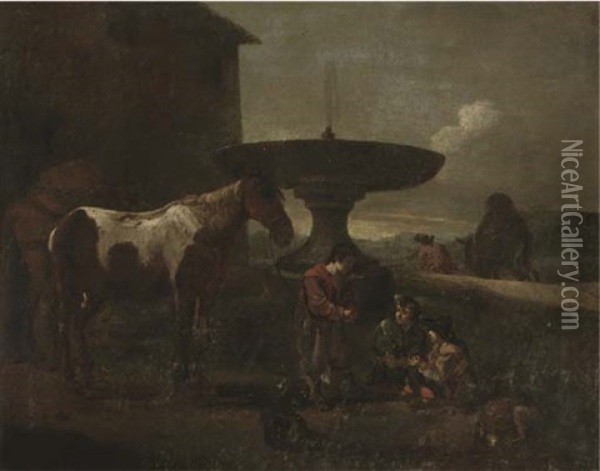 An Italianate Landscape With An Ostler And Horses Conversing With Travellers Resting By A Fountain Oil Painting - Pieter Jacobsz. van Laer