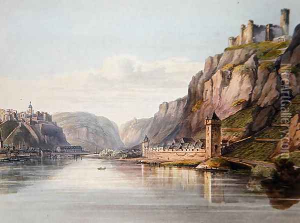 St. Goarshausen, St. Goar and Rheinfels, engraved by T. Sutherland, from A Picturesque Tour along the Rhine, from Mentz to Cologne, published by R. Ackermann, London, 1819 Oil Painting - Christian Georg II Schutz or Schuz