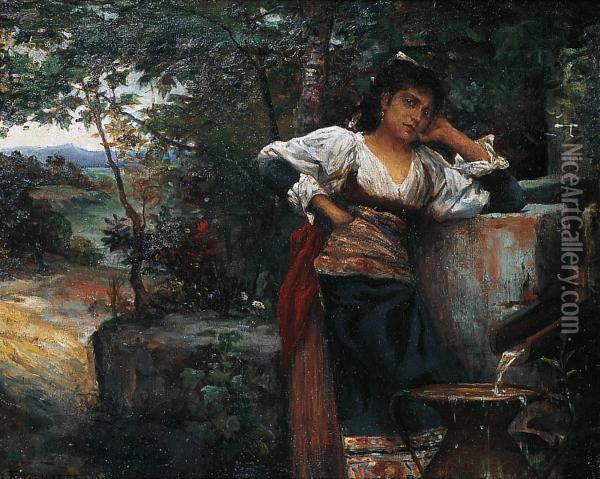Jeune Femme Pres De La Fontaine Oil Painting - Francois Fernand J. Lematte