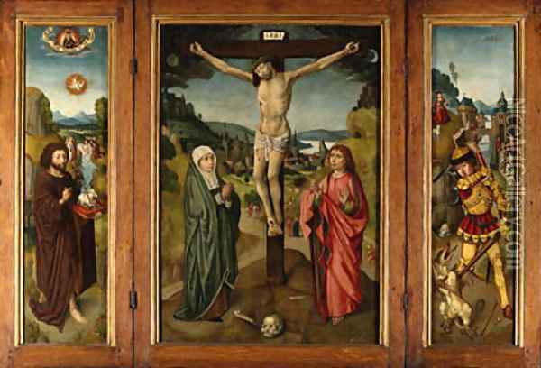 Central panel The Crucifixion with the Virgin and Saint John the Evangelist Oil Painting - The Master Of Frankfurt