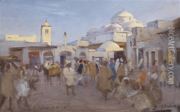 Strasenszene Im Sonk Von Tunis Oil Painting - Karl Friedrich Gsur